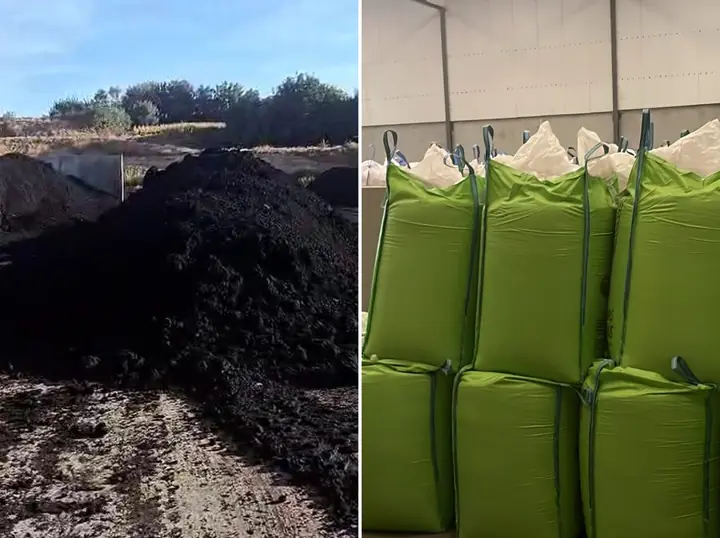 Montón de compost en el campo y «big bags» de semilla en un almacén